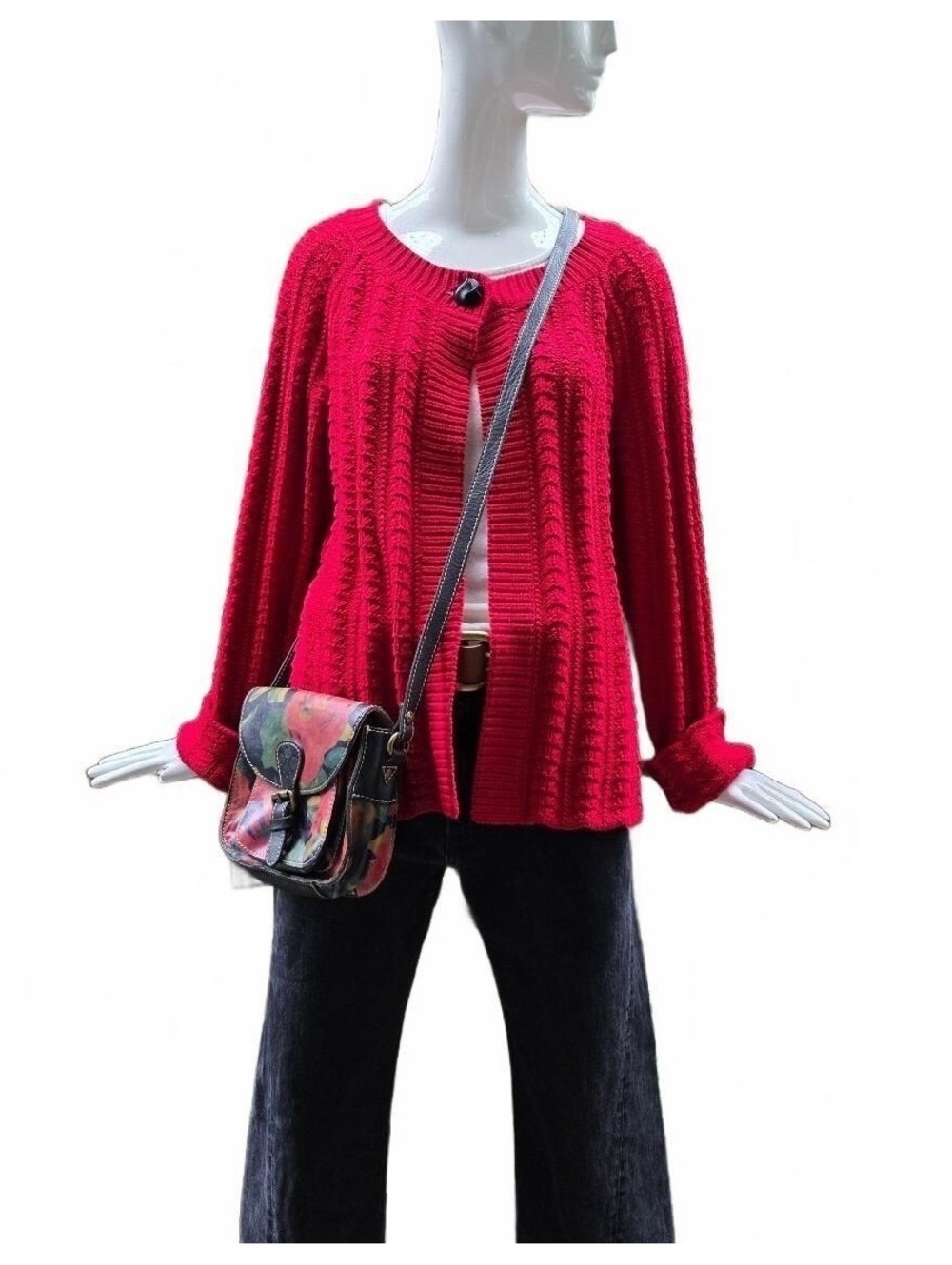 Jones New York Vibrant Red Knit 100 % Cotton  Cardigan Top Button XL Women's